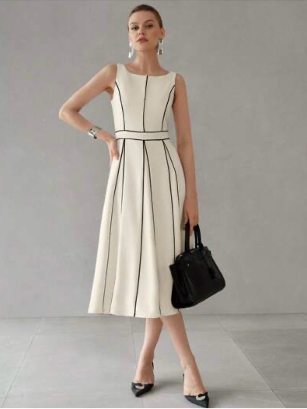 Withe house black market elegant Cream A-Line Dress with Contrast Piping size 2 - Picture 2 of 13